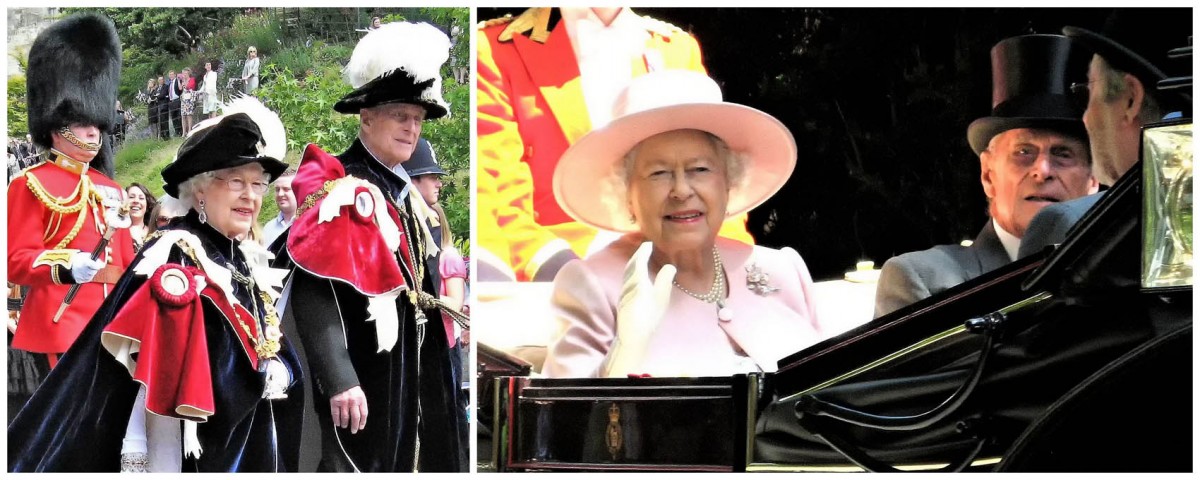Her Majesty and Prince Philip at Garter Day at Windsor Castle in 2012, and on their way to Royal Ascot in 2014