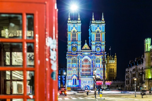 Colourfulness of Westminster Abbey during Lumiere festival in London
