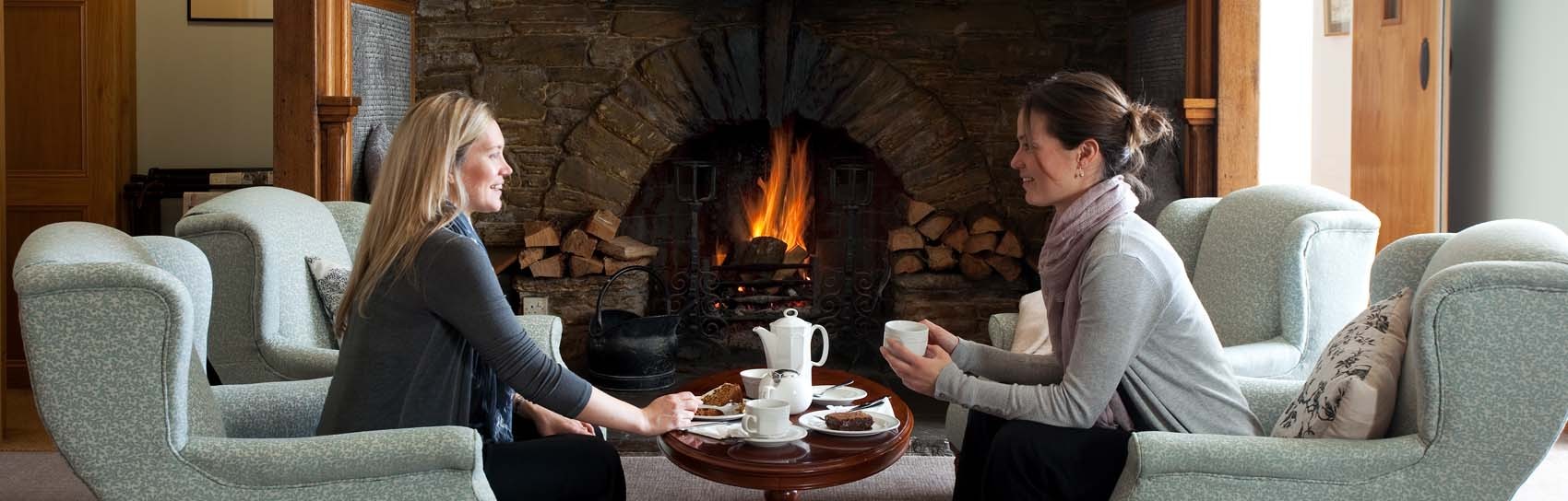 Fireside coffee at the Budock Vean Hotel. Photograph by BUDOCK VEAN HOTEL & HOLIDAY HOMES